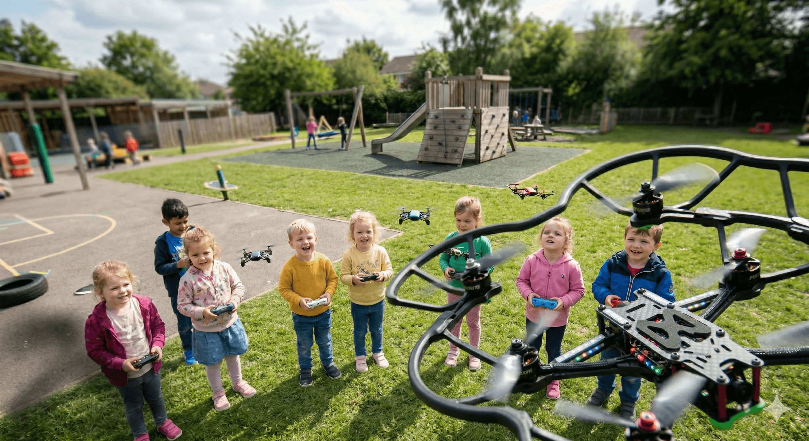 Children flying drones in the playground